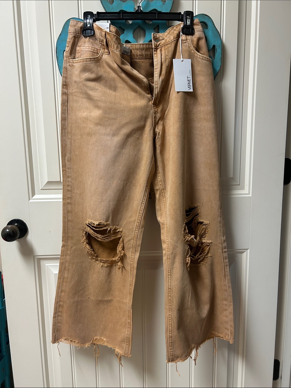 Vervet Women’s Distressed Wide-Leg Jeans - Tan
